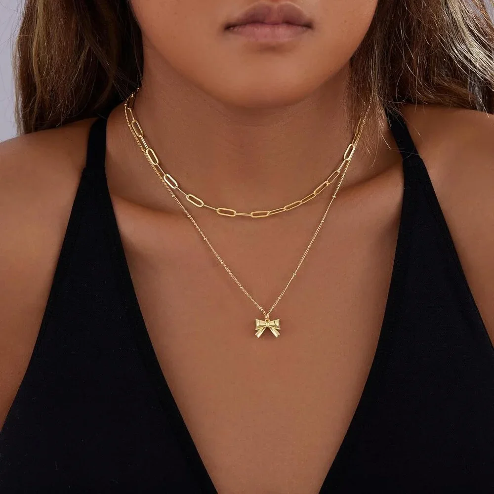 Women's Gold Plated Trendy Circle Paperclip Pendant Choker Cross Bow Necklaces